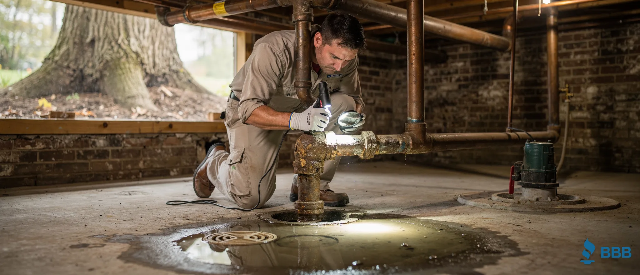 Plumber inspecting aging galvanized pipes in Winnetka home foundation.