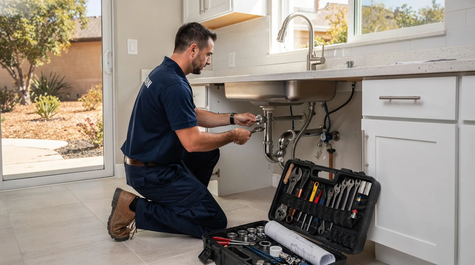 Plumber repairing sink plumbing in Winnetka, CA, with tools and galvanized pipes.