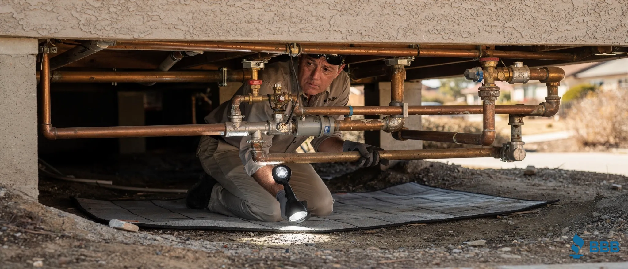 Plumber inspecting residential water pipes and fittings in Northridge, California, addressing soil movement and foundation stress.