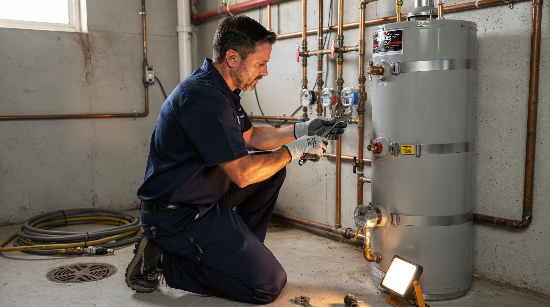 Plumber inspecting and servicing water heater in Northridge home, addressing mineral buildup and pipe stress.