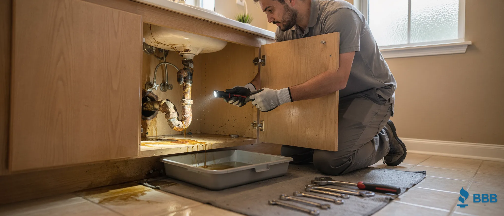 Plumber inspecting under Lake Balboa home sink with flashlight and tools.