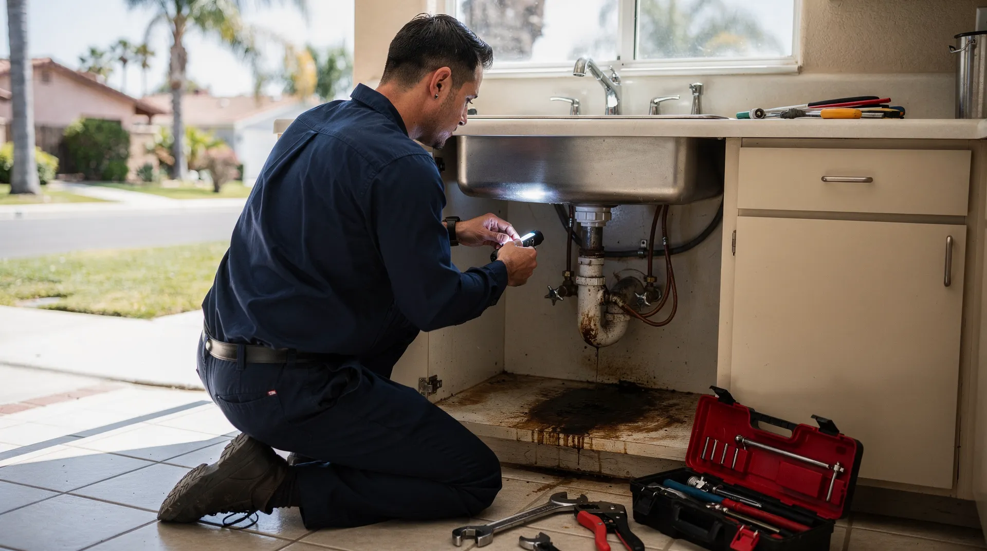 Lake Balboa plumber inspecting sink plumbing and drain lines with flashlight.