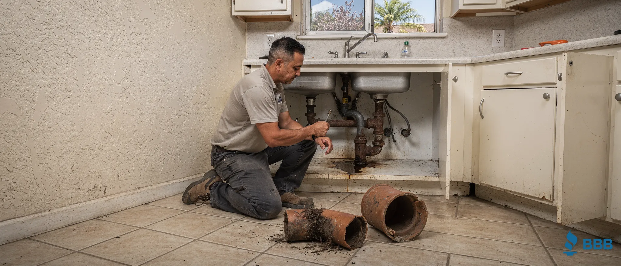 Santor Plumbing plumber inspecting under kitchen sink in Reseda, California home.
