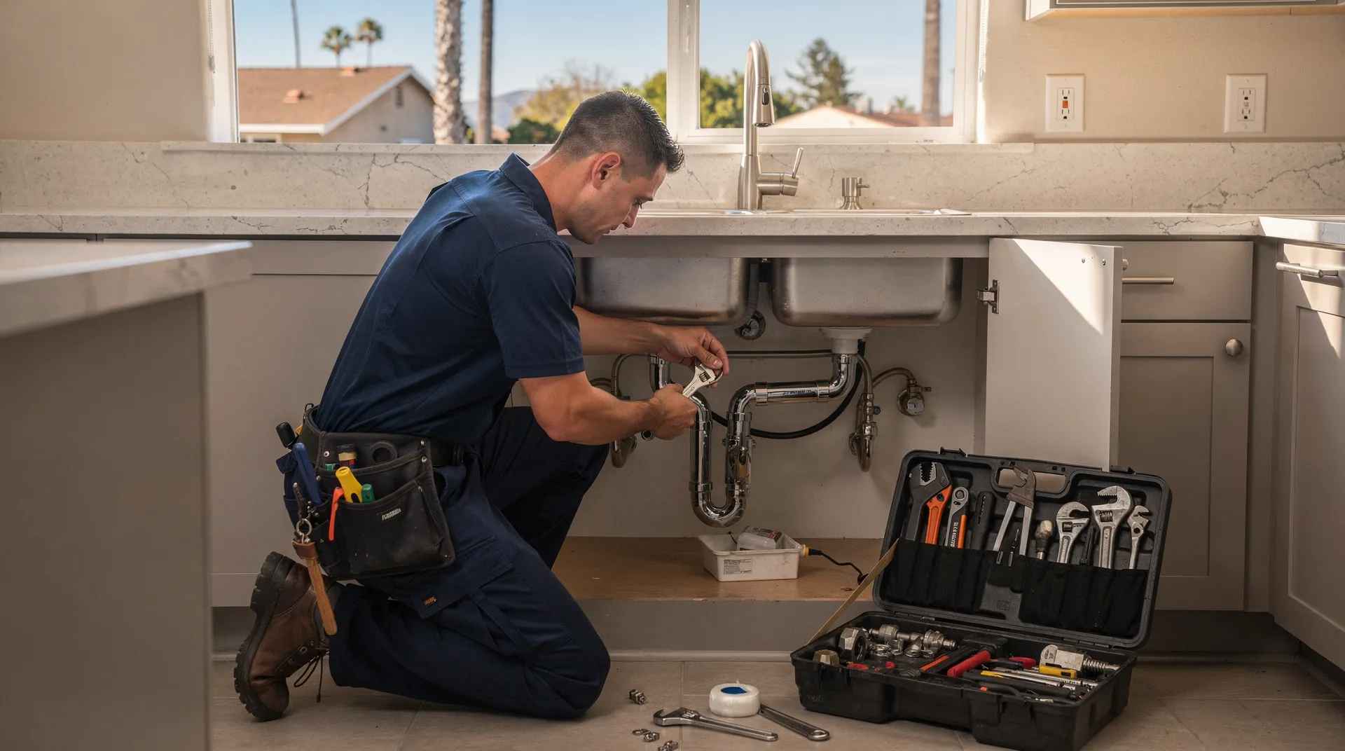 Santor Plumbing technician repairing kitchen sink plumbing in Reseda home.